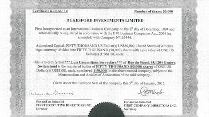 Documento que acredita a Llu&iacute;s Casamitjana como propietario de Dukesford Investments