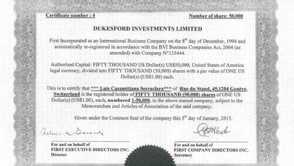Documento que acredita a Lluís Casamitjana como propietario de Dukesford Investments