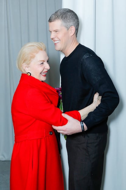 Carolina Herrera and Wes Gordon share a moment at the Carolina Herrera fashion show during New York Fashion Week, February 10, 2025.