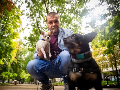 Sergio García Torres, director general de Derechos de los Animales, el pasado jueves en el paseo del Prado con sus dos perritas, Carmina (negra) y Rosi (blanca).