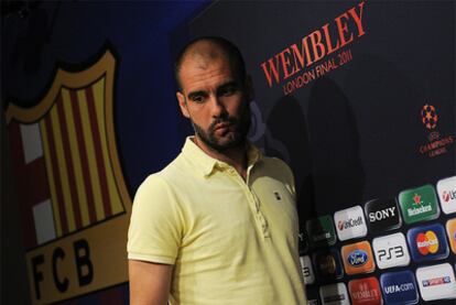 Josep Guardiola, técnico del Barça, durante la rueda de prensa organizada por la 'Champions'.