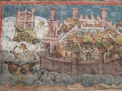 Mural mostrando o cerco de Constantinopla, em 626, pelos persas e ávaros.