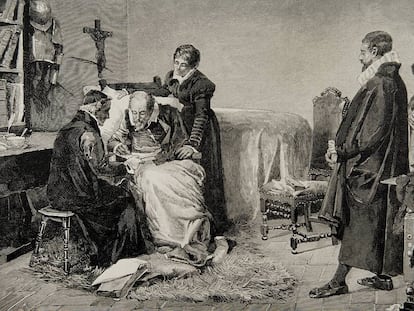 Ilustración de 1883 que representa a Miguel de Cervantes escribiendo la dedicatoria de 'Persiles'.