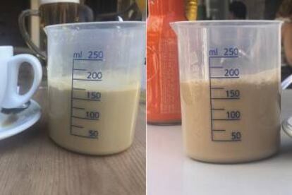 Desde la izquierda, café con leche de 150 mililitros por 1,50 euros, café con leche de 180 milímetros a 2,50 euros