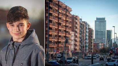 Roger, de 14 años, y una imagen de la zona en la que vive en Sabadell.