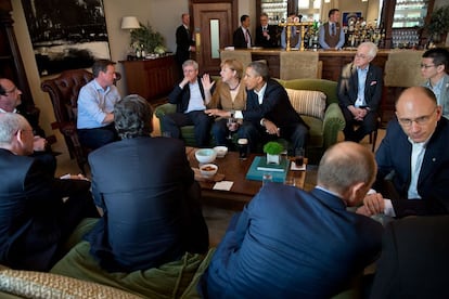 17 de junho de 2013. Encontro do G-8. Momento informal do presidente Obama com os outros chefes de Estado antes de um jantar de trabalho no Hotel Lough Erne, em Enniskillen, Irlanda do Norte.