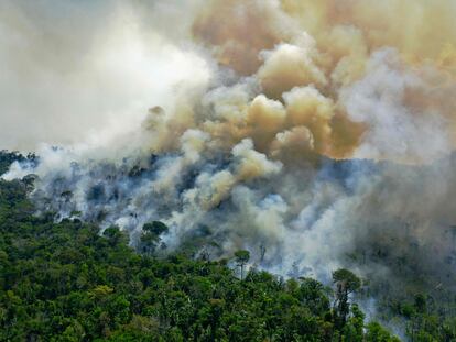 En una imagen de archivo de agosto 2020, una vista aérea del incendio en un área protegida del Amazonas, en el Estado de Pará, Brazil.