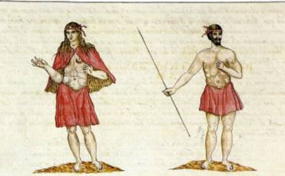 Native inhabitants of La Gomera, in an illustration by Leonardo Torriani (1592).