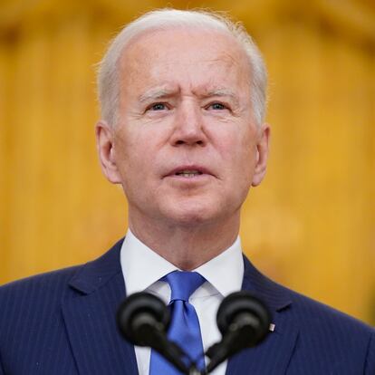 President Joe Biden speaks during an event to mark International Women's Day, Monday, March 8, 2021, in the East Room of the White House in Washington. (AP Photo/Patrick Semansky)