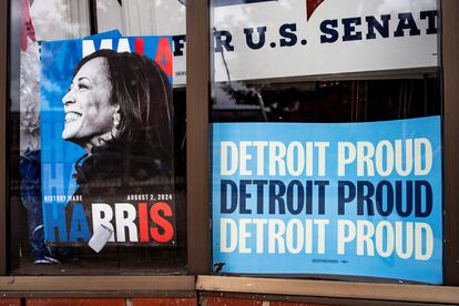 Signs in support of Democratic candidate Kamala Harris hang at a store in Detroit, Michigan on Tuesday.