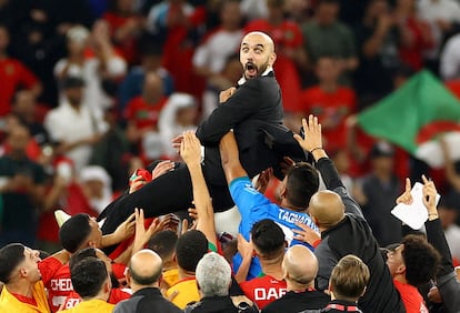 Los jugadores de Marruecos mantean al seleccionador Walid Regragui en Doha, tras vencer a Portugal en cuartos de final del Mundial.