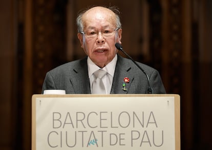 Shigemitsu Tanaka, superviviente de Nagasaki, durante el homenaje que ha recibido este martes en el Ayuntamiento de Barcelona.