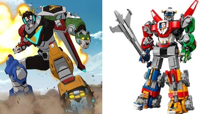 A la izquierda, imagen de la serie y, a la derecha, el robot de Lego Ideas de Voltron, el más grande de la historia de la compañía danesa con 40 centímetros de altura y más de 2.300 piezas.