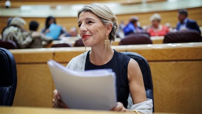 La vicepresidenta segunda del Gobierno y ministra de Trabajo, Yolanda Díaz, durante una comparecencia en el Senado.