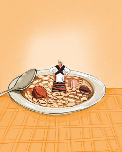 Ilustración de María Ortiz Iglesias, homenaje al sketch de Martes y Trece, Covadonga enfadada. La imagen aparece en el libro 'Fabada, historia y simbolismo de un icono asturiano'.