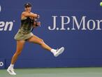Sep 1, 2021; Flushing, NY, USA; Garbine Muguruza of Spain hits a forehand against Andrea Petkovic of Germany (not pictured) on day three of the 2021 U.S. Open tennis tournament at USTA Billie Jean King National Tennis Center. Mandatory Credit: Geoff Burke-USA TODAY Sports