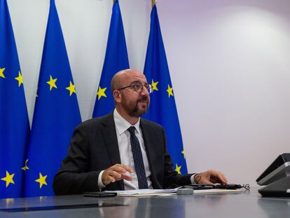 El presidente del Consejo Europeo, Charles Michel, durante una videoconferencia en Bruselas, este martes.