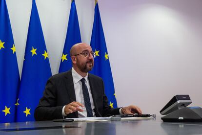 El presidente del Consejo Europeo, Charles Michel, durante una videoconferencia en Bruselas, este martes.