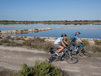 Dos personas montan en bicicleta por Formentera.