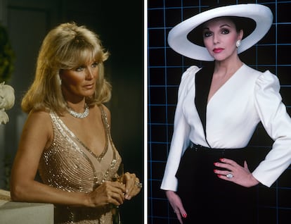 A la izquierda, Krystle Carrington, quien solía recurrir a líneas más depuradas, escote pronunciados y aplicaciones de lentejuelas y pedrería. A la derecha, Alexis, en uno de sus trajes en blanco y negro y pamelas que marcaron su estilo desde la primera aparición del personaje. |