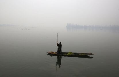 Un hombre extrae algas desde su barca en el lago Dal de Srinagar, la capital de verano de Jammu y Cachemira. El departamento local de meteorología ha anunciado lluvias y nieve para los próximos tres días desde mañana. 