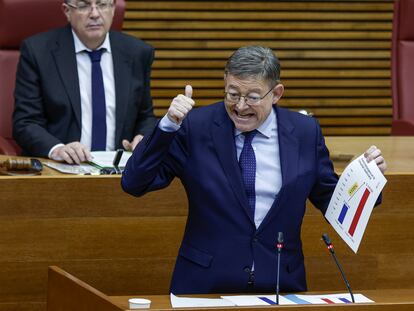 El presidente de la Generalitat Valenciana, Ximo Puig, durante su intervención en las Cortes, este jueves.