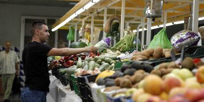 Puesto de frutas y verduras en un mercado de Melilla.