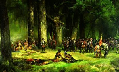 Como no podía ser de otra forma, Ponce de León murió a consecuencia de un flechazo indígena en 1521. En este óleo de Thomas Moran se narra su encuentro con los nativos de Florida en 1513.