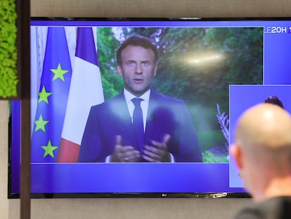 El presidente francés, Emmanuel Macron, este miércoles durante su discurso a la nación.