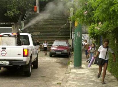 Una camioneta rocía con insecticida plantas y árboles en Río de Janeiro para prevenir el dengue.