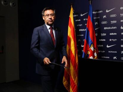 El presidente del Barcelona, Josep Maria Bartomeu, en la conferencia de prensa de este lunes. 