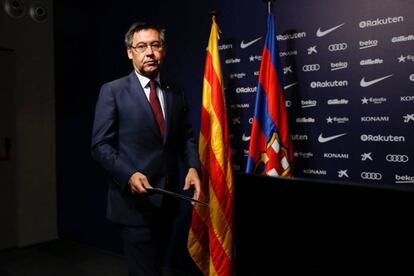 El presidente del Barcelona, Josep Maria Bartomeu, en la conferencia de prensa de este lunes.