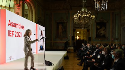 La vicepresidenta segunda, Nadia Calviño, durante su intervención en la Asamblea de la Empresa Familiar