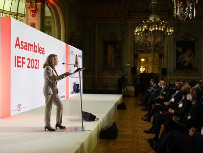 La vicepresidenta segunda, Nadia Calviño, durante su intervención en la Asamblea de la Empresa Familiar