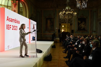 La vicepresidenta segunda, Nadia Calviño, durante su intervención en la Asamblea de la Empresa Familiar