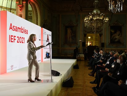 La vicepresidenta segunda, Nadia Calviño, durante su intervención en la Asamblea de la Empresa Familiar