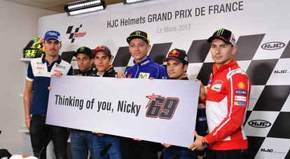 De izquierda a derecha, Baz, Zarco, M&aacute;rquez, Rossi, Pedrosa y Lorenzo, este jueves en Le Mans.