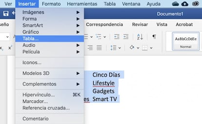 Convertimos el texto en tablas con Word.