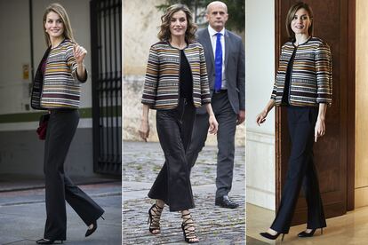 Otra prenda low cost que no se quita. La misma chaqueta que la bloguera Gala González lucía en el catálogo de Uterqüe se ha convertido en la favorita de Doña Letizia. La suele mezclar con looks total black para darle todo el protagonismo.