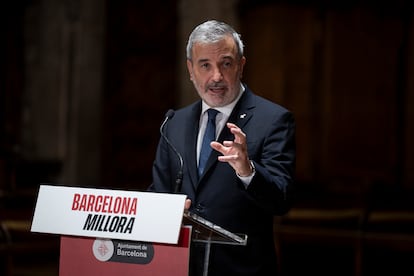 El alcalde de Barcelona, Jaume Collboni, durante su comparecencia para hacer balance de su gestión a mitad de mandato.