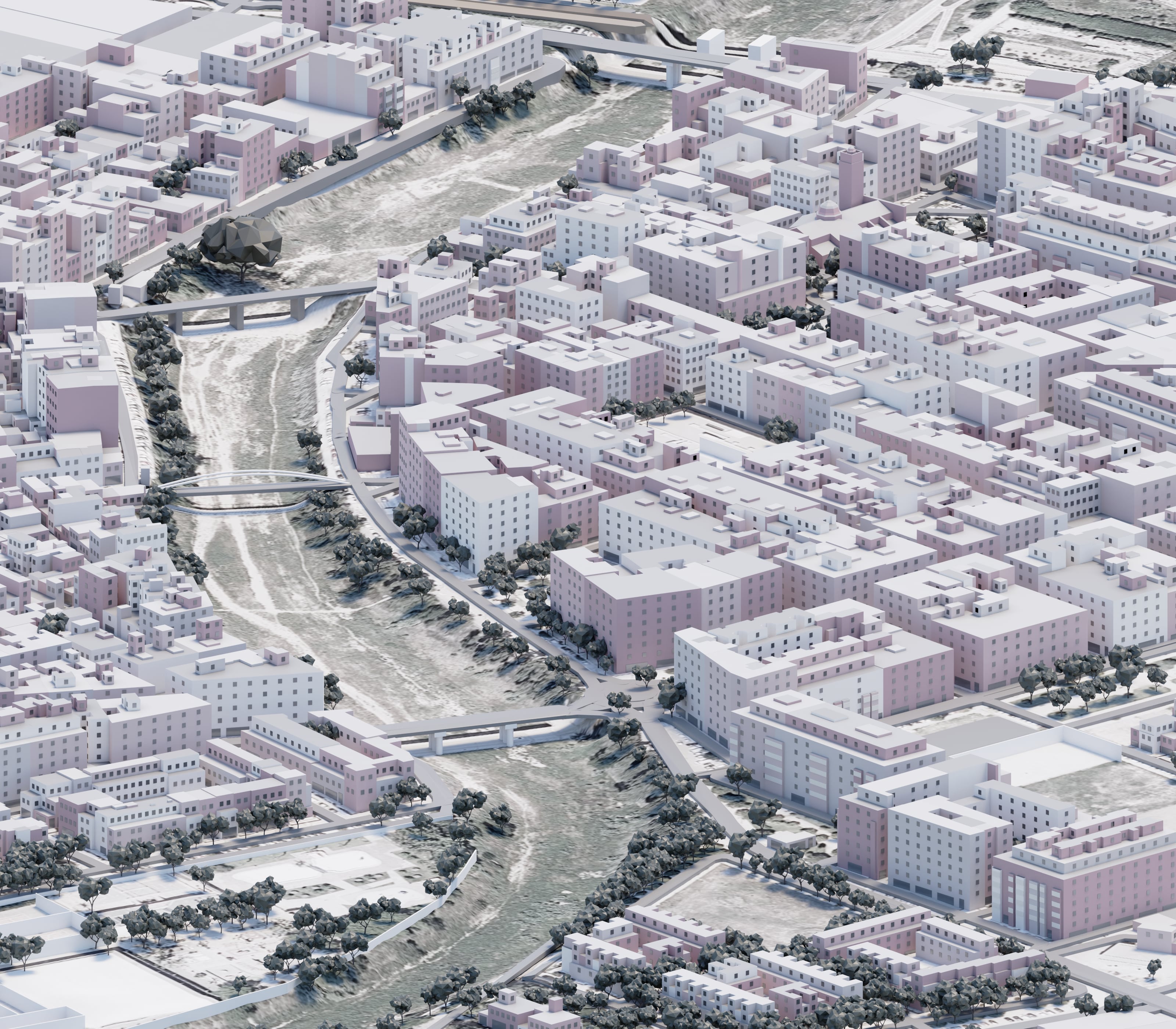 Representación en 3D de los puentes y árboles de Paiporta