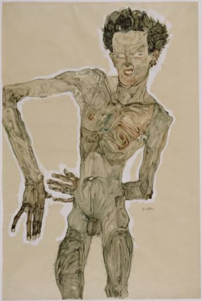 'Autorretrato desnudo y gesticulando' (1910), obra de Egon Schiele.