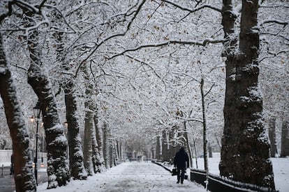 Un hombre camina por un parque nevado de Londres. 