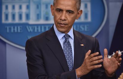 Un gesto de Obama durante la rueda de prensa. 