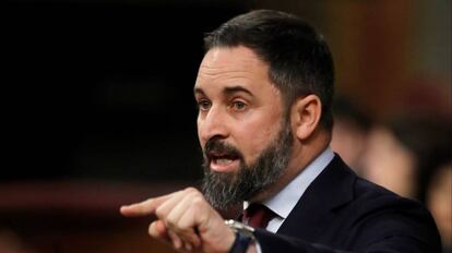 El líder del Vox, Santiago Abascal, durante su intervención este martes en el Congreso. 