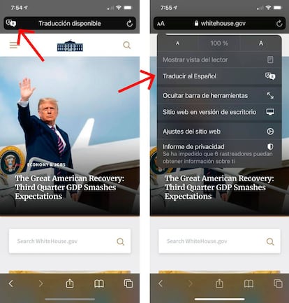 Activar la traducción automática en Safari.
