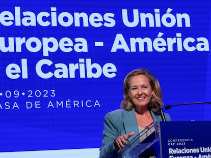 La vicepresidenta primera en funciones, Nadia Calviño, durante una conferencia el pasado miércoles.