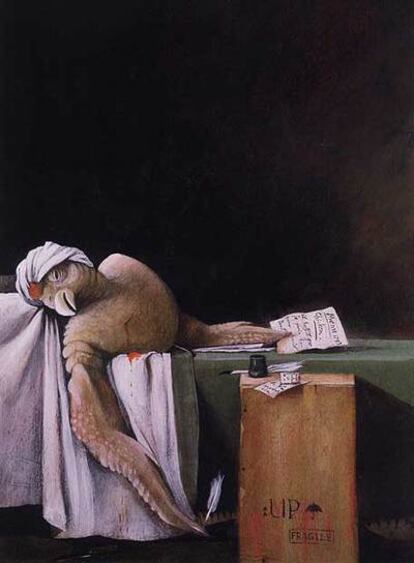 'Pollo', pintado por Svjetlan Junakovic, inspirado en <i>'La muerte de Marat' de David, que ilustra el 'Gran libro de los retratos de animales'.</i>
