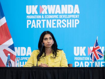 Britain's Home Secretary Suella Braverman pauses, during a press conference in the capital Kigali, Rwanda Saturday, March 18, 2023.