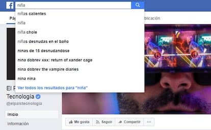 Captura de pantalla del buscador de Facebook.